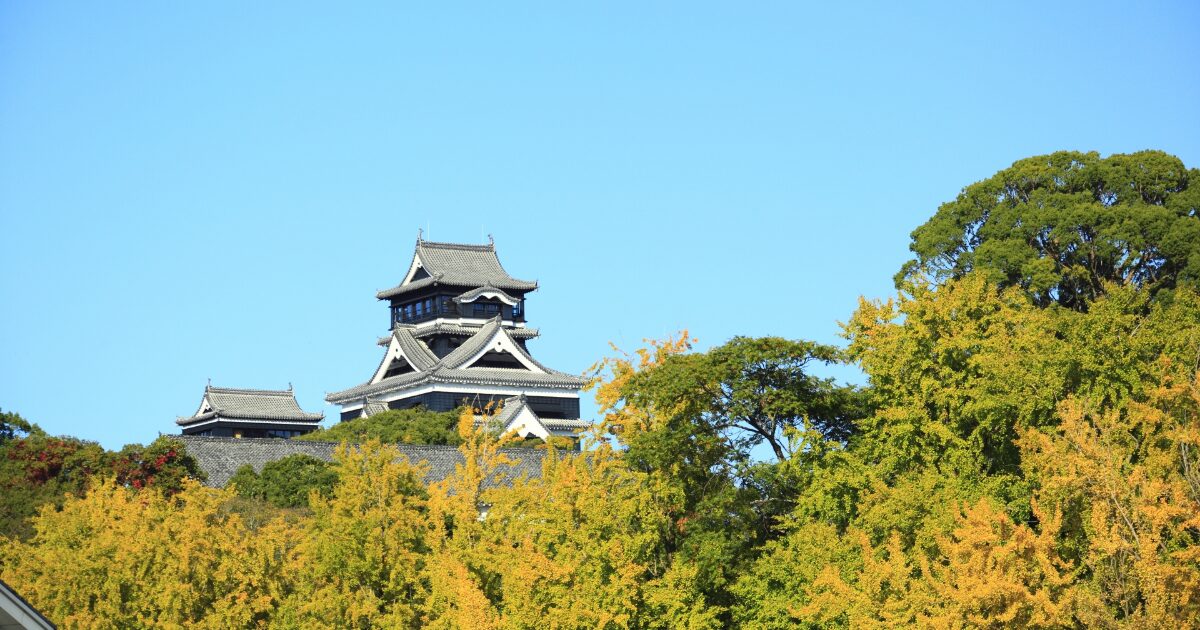 秋の紅葉に囲まれた熊本城天守閣の風景
